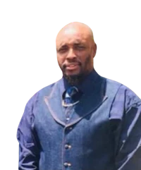 a black man in a blue vest and tie