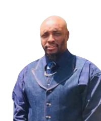 a black man in a blue vest and tie